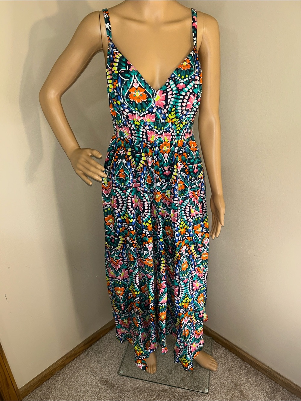 Old Navy Teal Floral Paisley Backless Maxi Dress